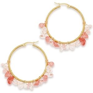 Raw Gold Hoop Earrings with Pink Gemstone Chips